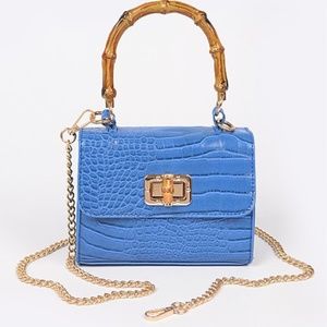 Blue Croc-Embossed Crossbody Bag with Gold Chain